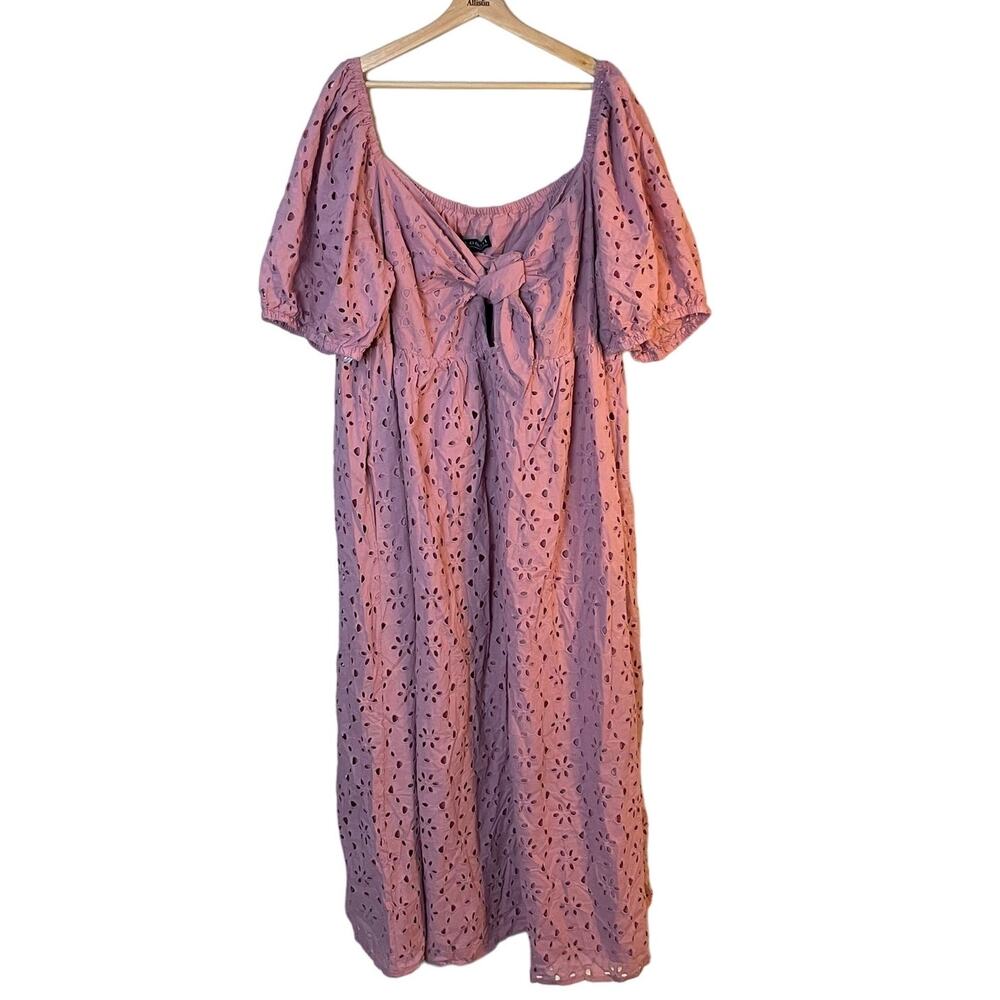 NWT Eloquii Eyelet Detail Tie Front Puff Sleeve Maxi Dress Pink Mauve SZ 28 NEW - Picture 4 of 16